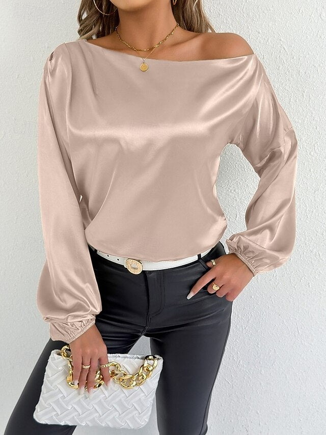 Women's Satin Tee Top Elegant Stylish Long Sleeve Puff