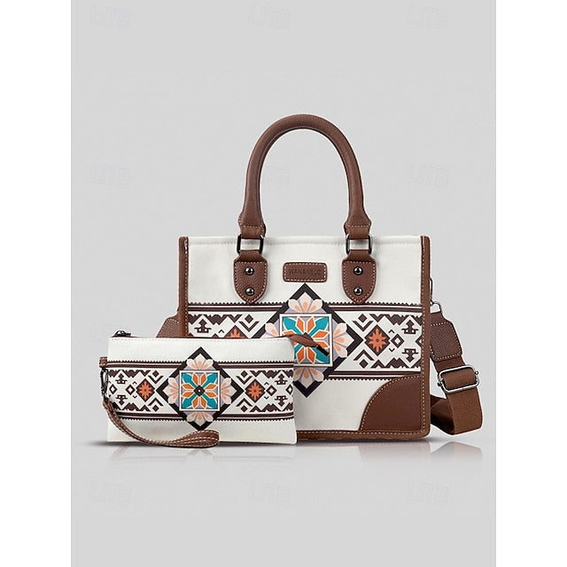 Canvas Handbag Women's and Leather Faux Set Ethnic with