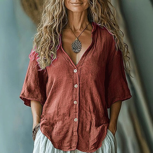 Women's Cotton Linen Blouse Ruched Buttons Solid Color