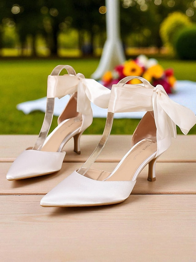 Shoes Ribbon Women's Kitten Satin Pointed-Toe Heel with