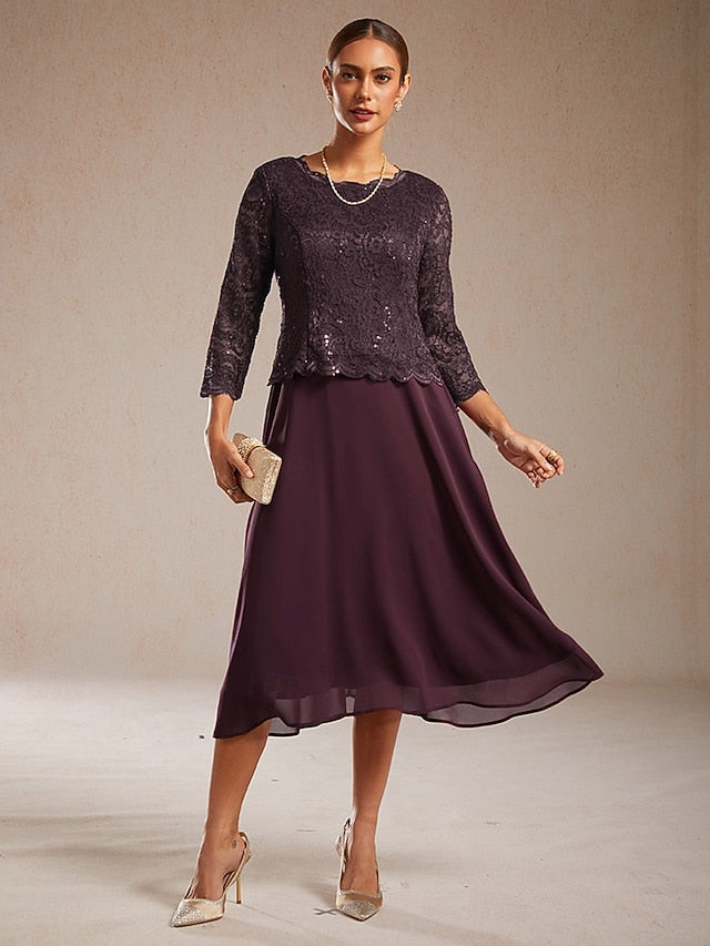 Women's Midi Dress Chiffon Dress Elegant Solid Color 3/4