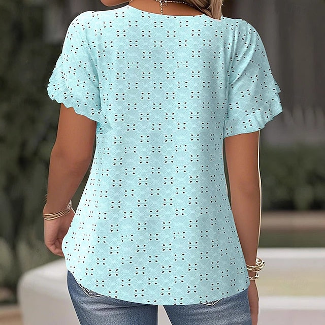 Women's Eyelet Top Pointelle Tee Lace T-shirt Solid Color