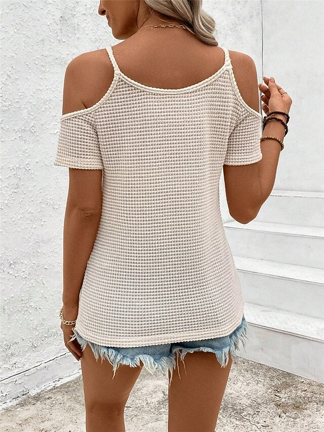 Women's Cold Shoulder Tops Waffle Knit Tops Lace Patchwork