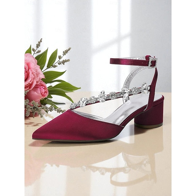 Heel Pumps Rhinestone Women's Purple Satin with Block