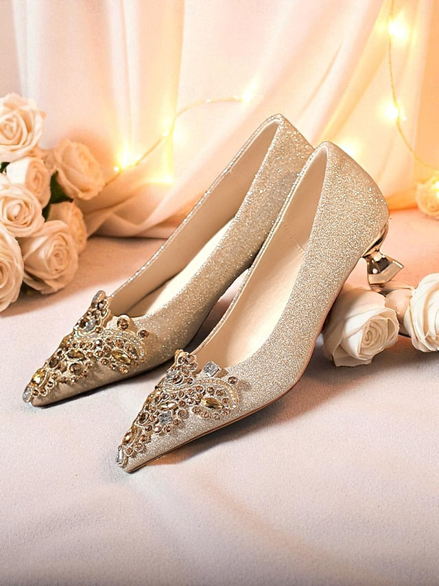 Pointed-Toe Heel Pumps Women's with Gold Glitter Low