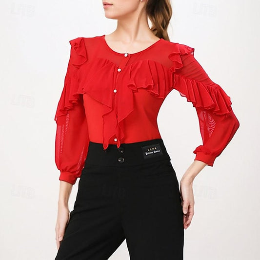 Latin Dance Ballroom Dance Top Ruffles Pure Color Splicing