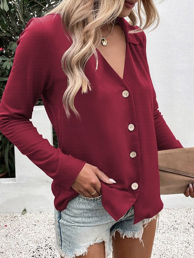 Women's Casual Shirt Button Up Shirt Blouse Buttons Solid