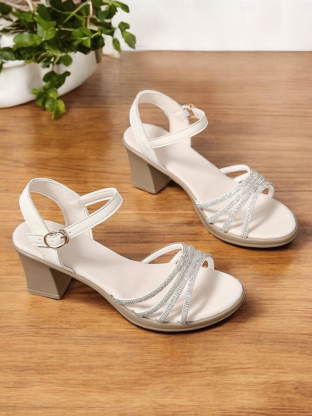 Black with Block Strappy - Rhinestones Heel Sandals Comfortable