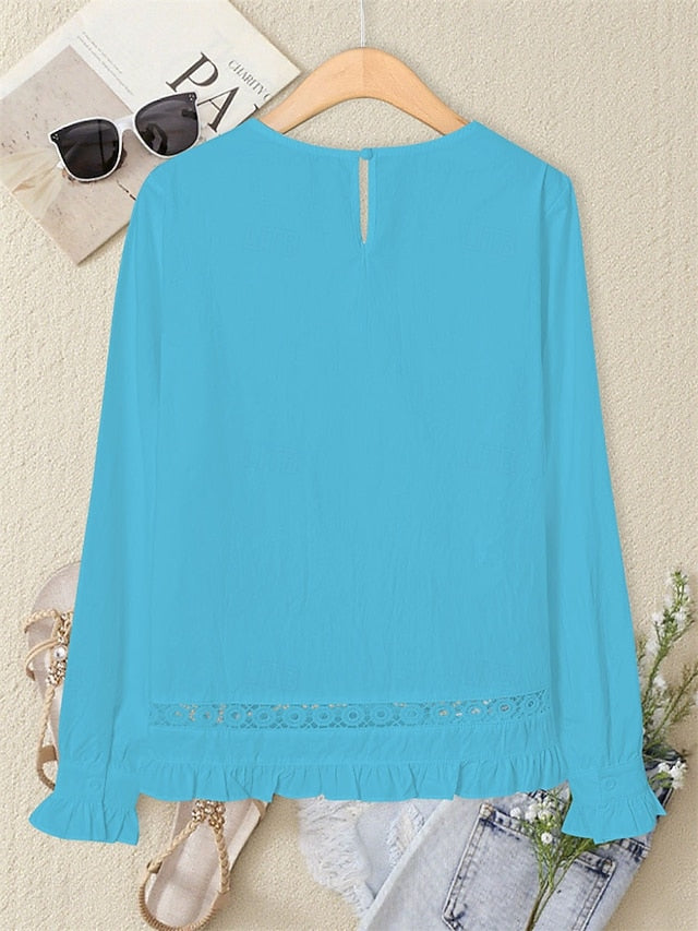 Women's Blouse Eyelet top Ruched Patchwork Eyelet Solid