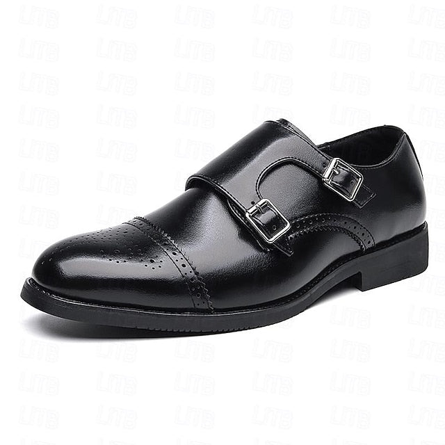 Men's Monk Leather with Strap Brown Faux Double Shoes