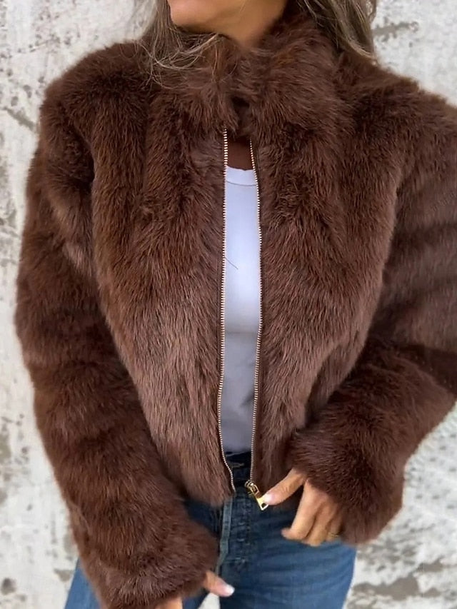Faux Fur Zipper Warm Casual Coat Plain Breathable Women's