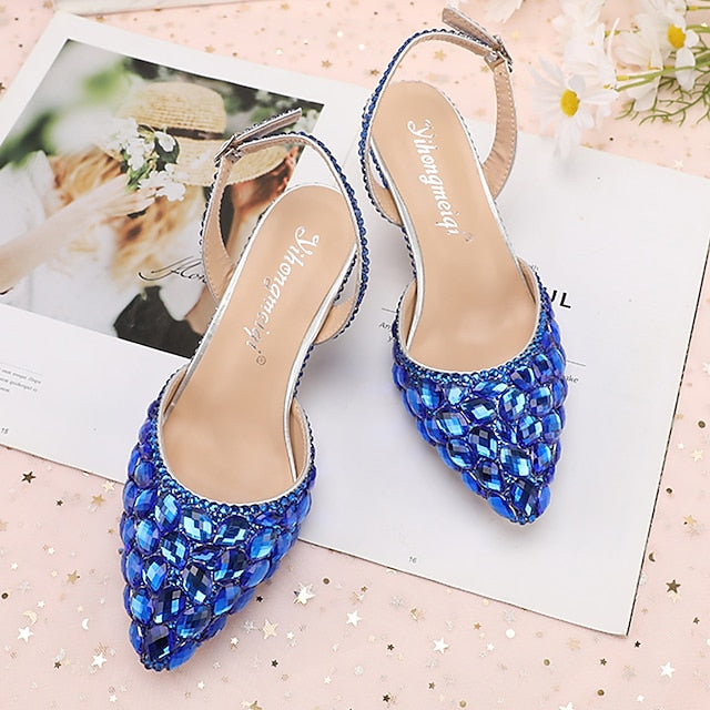 Women's Slingback Crystal Pointed-Toe Heels Rhinestone High