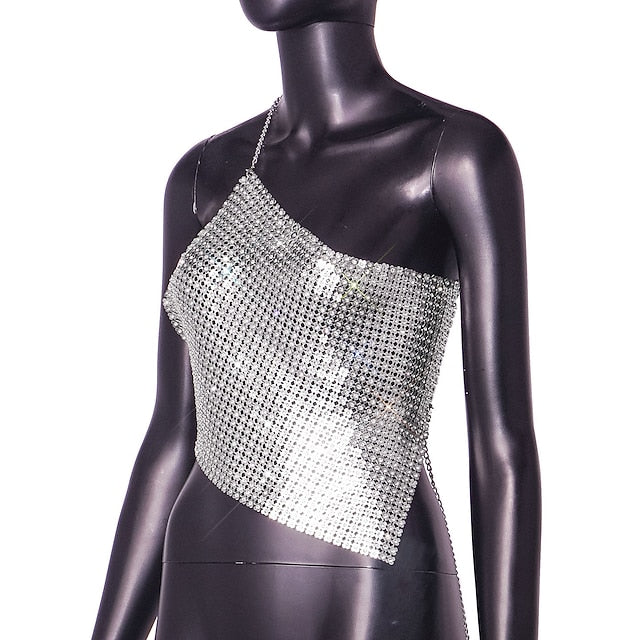 Metallic Backless Sparkle Camisole Body Chain Crop Tank Top