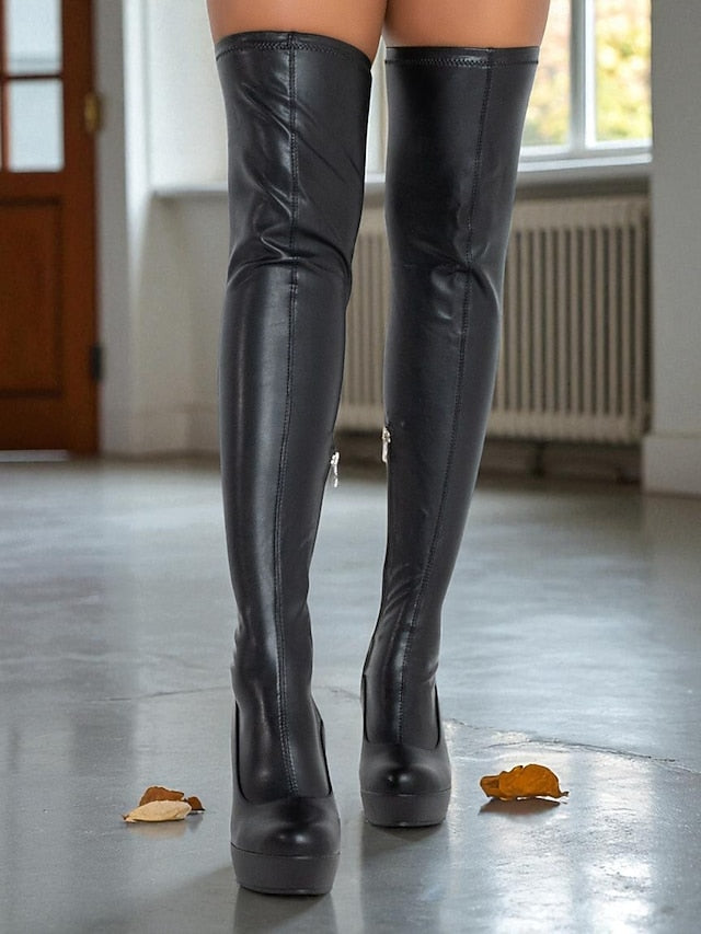 Women's - Faux Leather Heel Boots Black the Wedge Over Knee