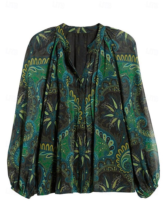 Women's Paisley Print Chiffon Peasant Top Lantern Sleeve