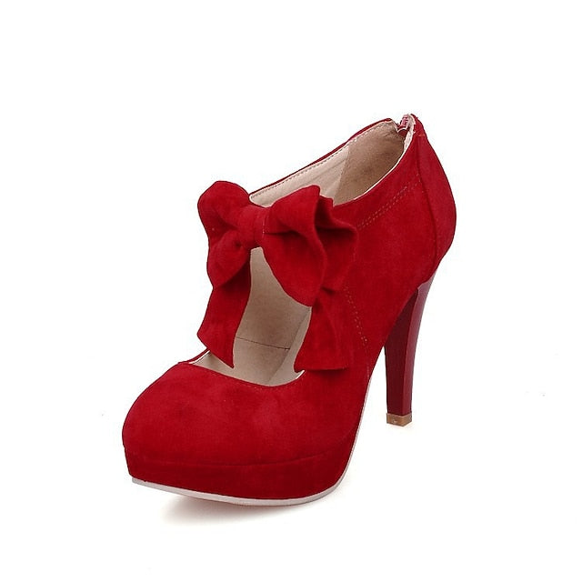 Platform Bow Pumps Heel – Suede High Vintage Red Women's