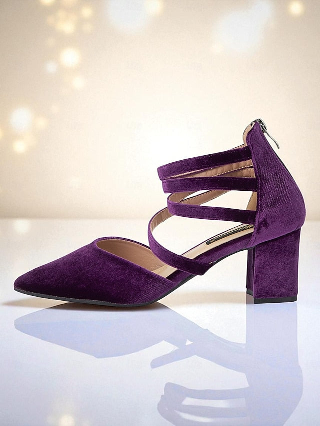 Pumps Block Blue Pointed Toe Heel Velvet with Women's