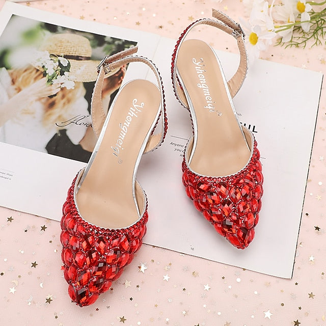 Women's Slingback Crystal Pointed-Toe Heels Rhinestone High