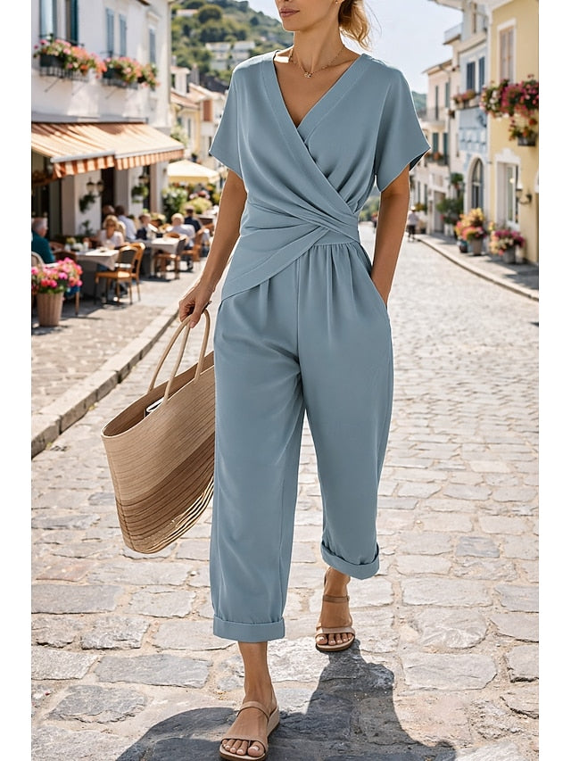 Women's Pants Sets Bolero Top Short Sleeve V Neck Plain