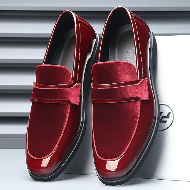 Red Men's Faux Design Loafers Leather Sleek Velvet – with