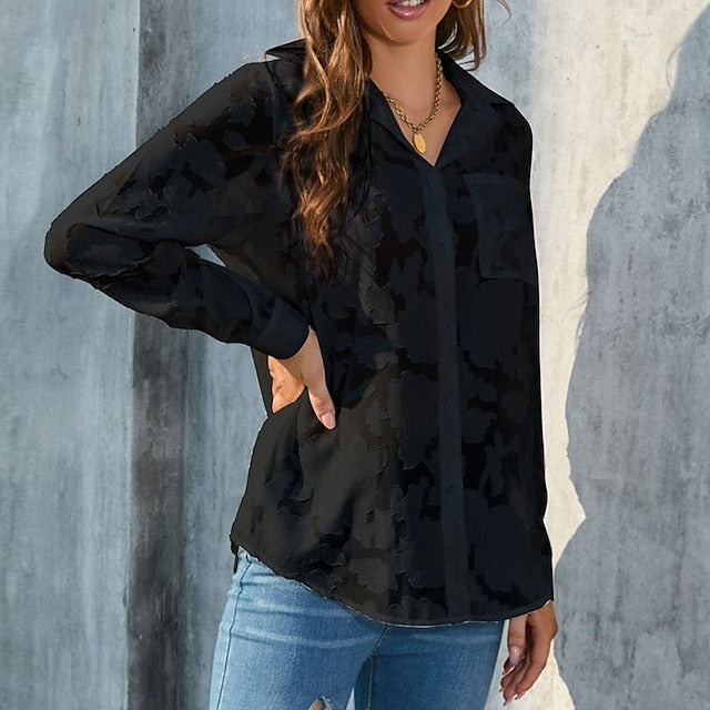 Women's Shirt Blouse Chiffon Tops Pocket 3D Print Buttons