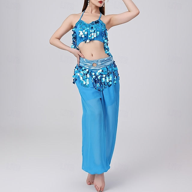 Belly Dance Top Pure Color Splicing Sequins Women's