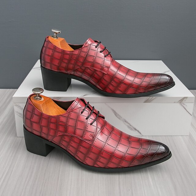 Men's – Red Leather Crocodile Pattern Shoes Faux