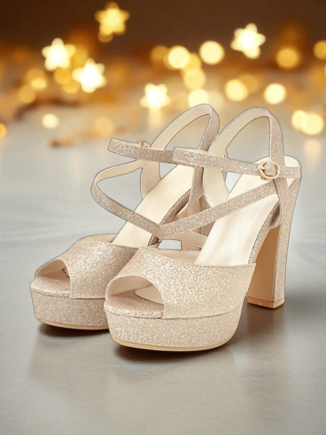 High Platform Ankle Strap Heel with Sandals Glitter Women's
