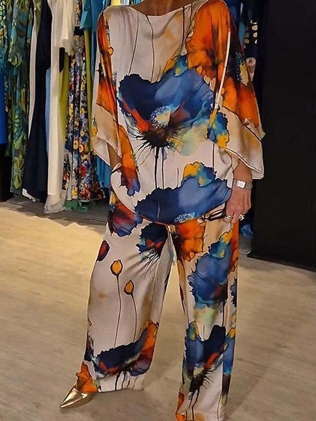 Women's Blouse Pants Trousers Long Sleeve Crew Neck Graphic