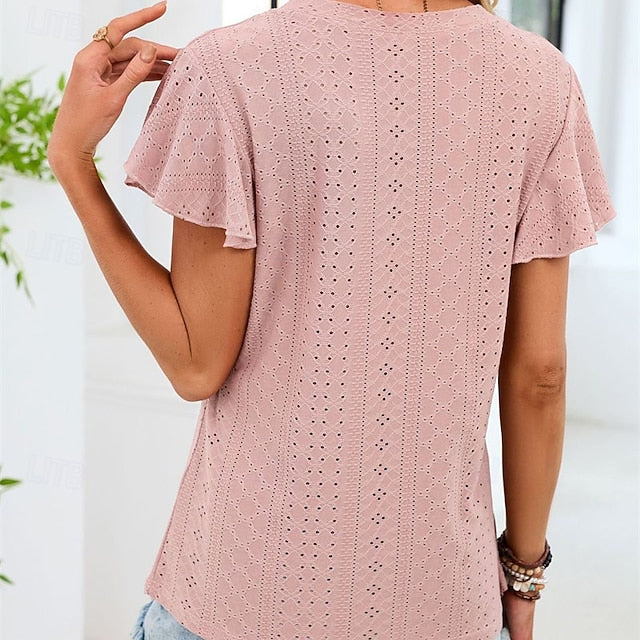 Women's Shirt T Shirt Ruffle Patchwork Eyelet Solid Color