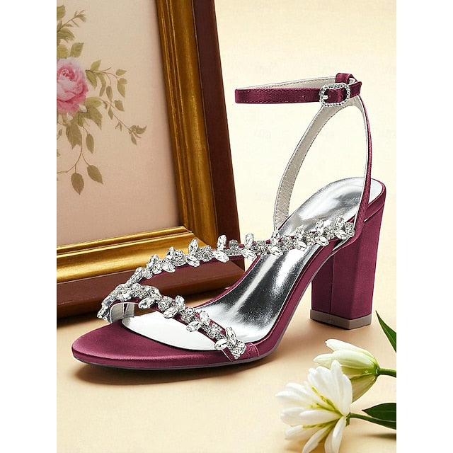 Heel Block White with Women's - Sandals Rhinestone Straps