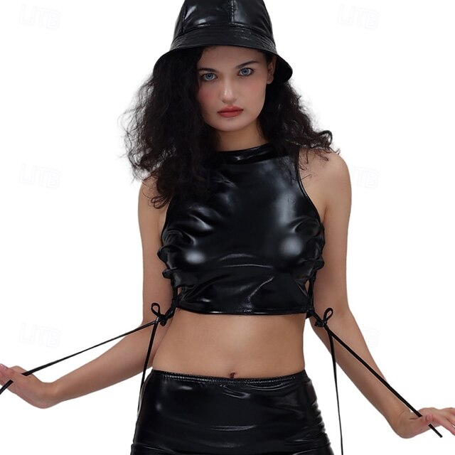 Metallic 1980s Shiny Latex Patent Crop Top Halter PU Leather