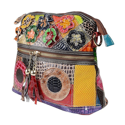 - Bag Women's Leather Colorful Bohemian Patchwork Shoulder