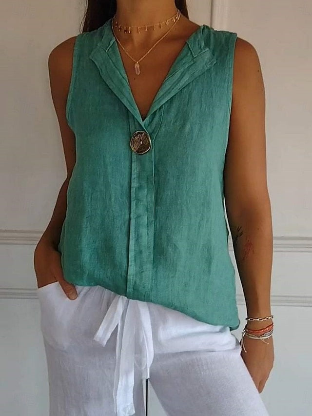 Women's Shirt Blouse Faux Cotton Linen Plain Stylish Casual