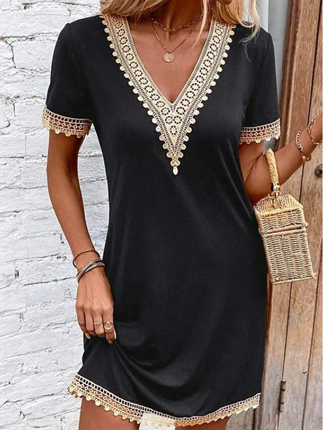 Women's Casual Dress V-neck Short Sleeve Crochet Lace Trim