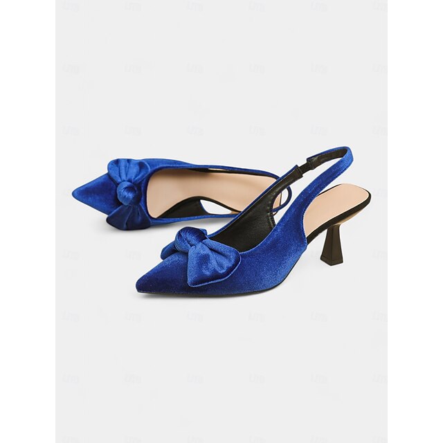 Blue Pointed Bow Women's Heels Toe with Slingback Velvet