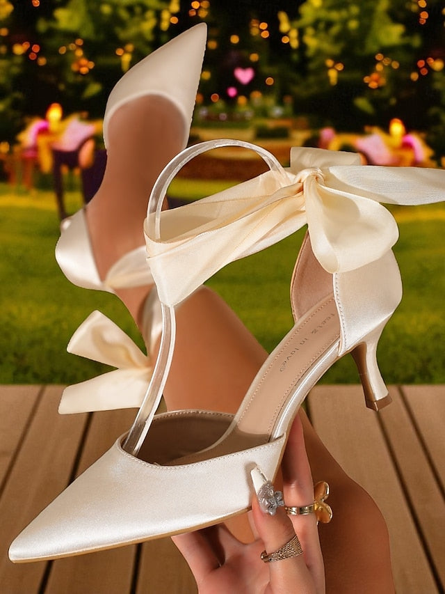 Shoes Ribbon Women's Kitten Satin Pointed-Toe Heel with