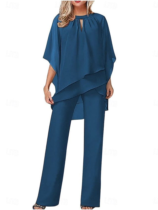Women's Pants Sets 3/4 Length Sleeve Crew Neck Solid Color