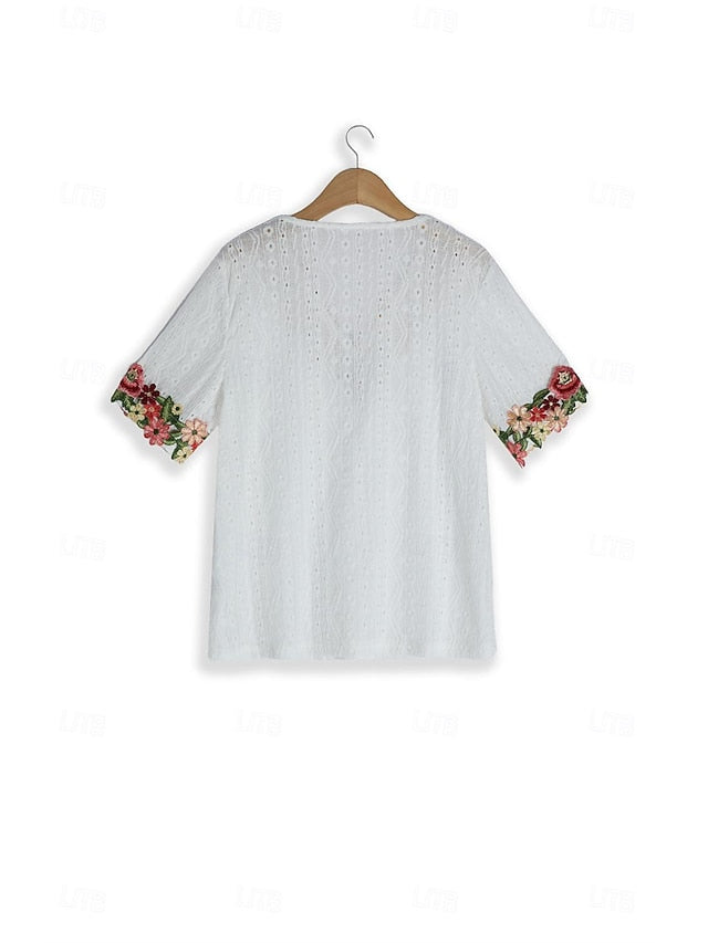 Women's White Elegant Lace Tops Eyelet Blouse Floral