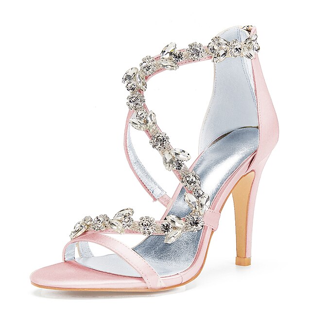 with Heel Pink High Rhinestone Sandals Women's Floral Satin