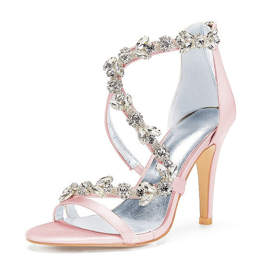 with Heel Pink High Rhinestone Sandals Women's Floral Satin