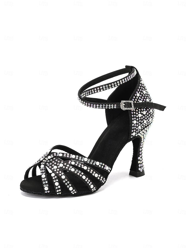 Tan Latin with Rhinestone-Embellished Sandals High Heel Dance