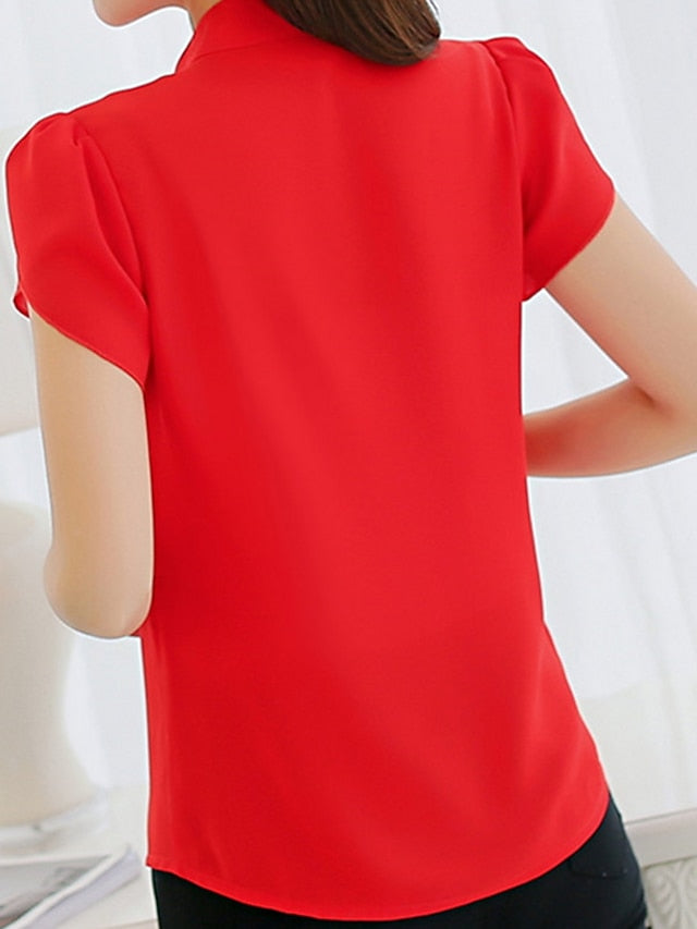 Women's Shirt Blouse White Pink Red Plain Short Sleeve Work