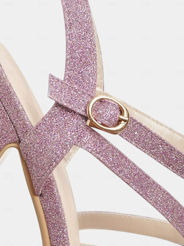 High Platform Ankle Strap Heel with Sandals Glitter Women's