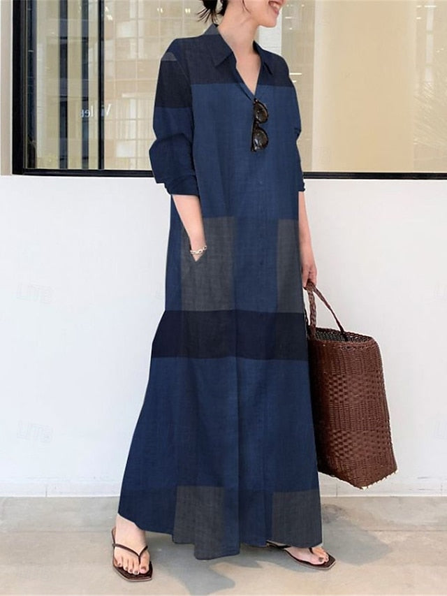Women's Plaid Shirt Collar Maxi Dress Long Sleeve Spring