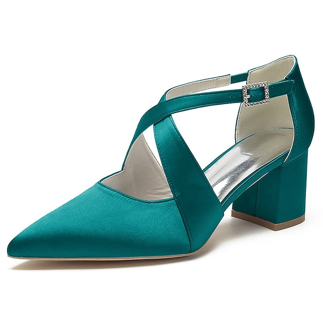 – Elegant White Block Pointed Heels Women's Satin Toe