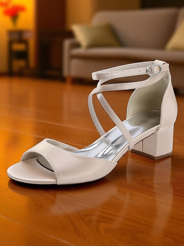 with Heel Satin - Block Ankle Sandals Women's Strap Elegant