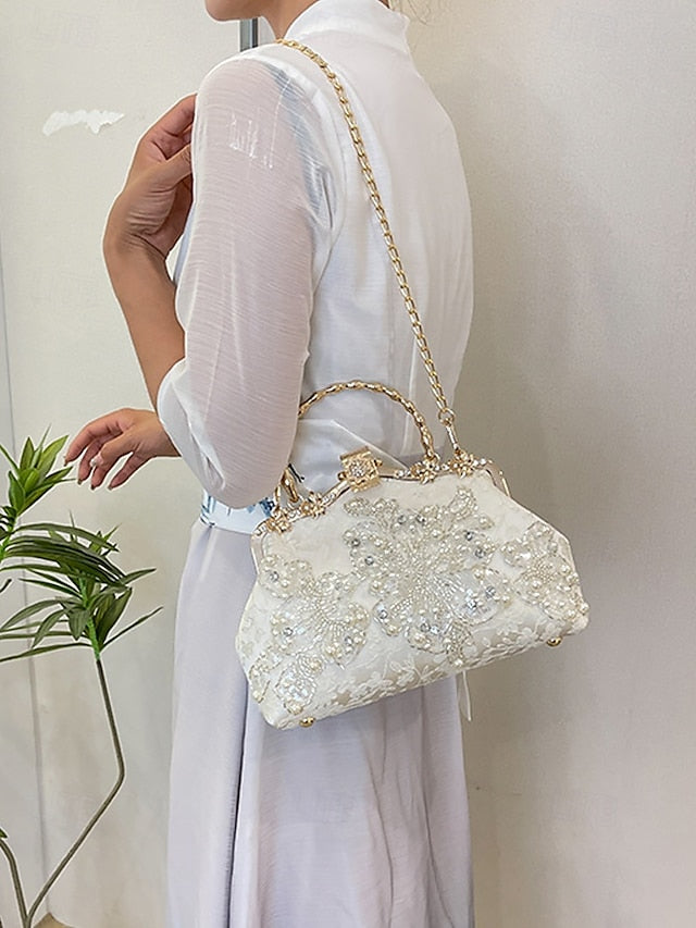 and Lace Floral Handbag Pearl with Evening White Elegant