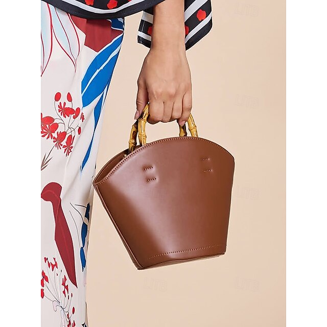 with Brown Leather Handle Bamboo Women's Bucket Bag