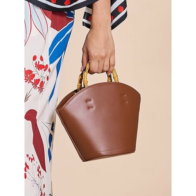 with Brown Women's Leather Bag Bucket Bamboo Handle